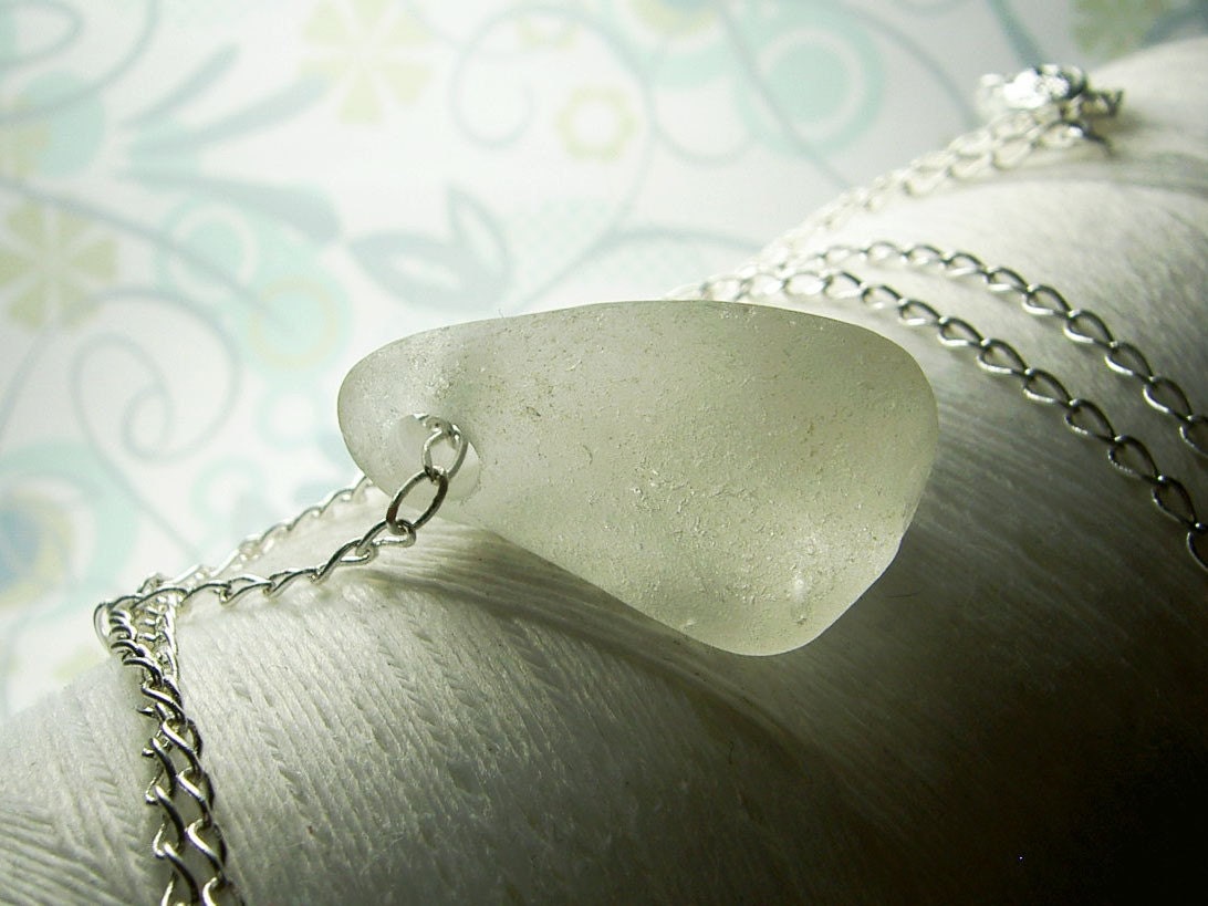 SALE ..  Thread the Needle - vintage white teardrop seaglass and sterling silver necklace