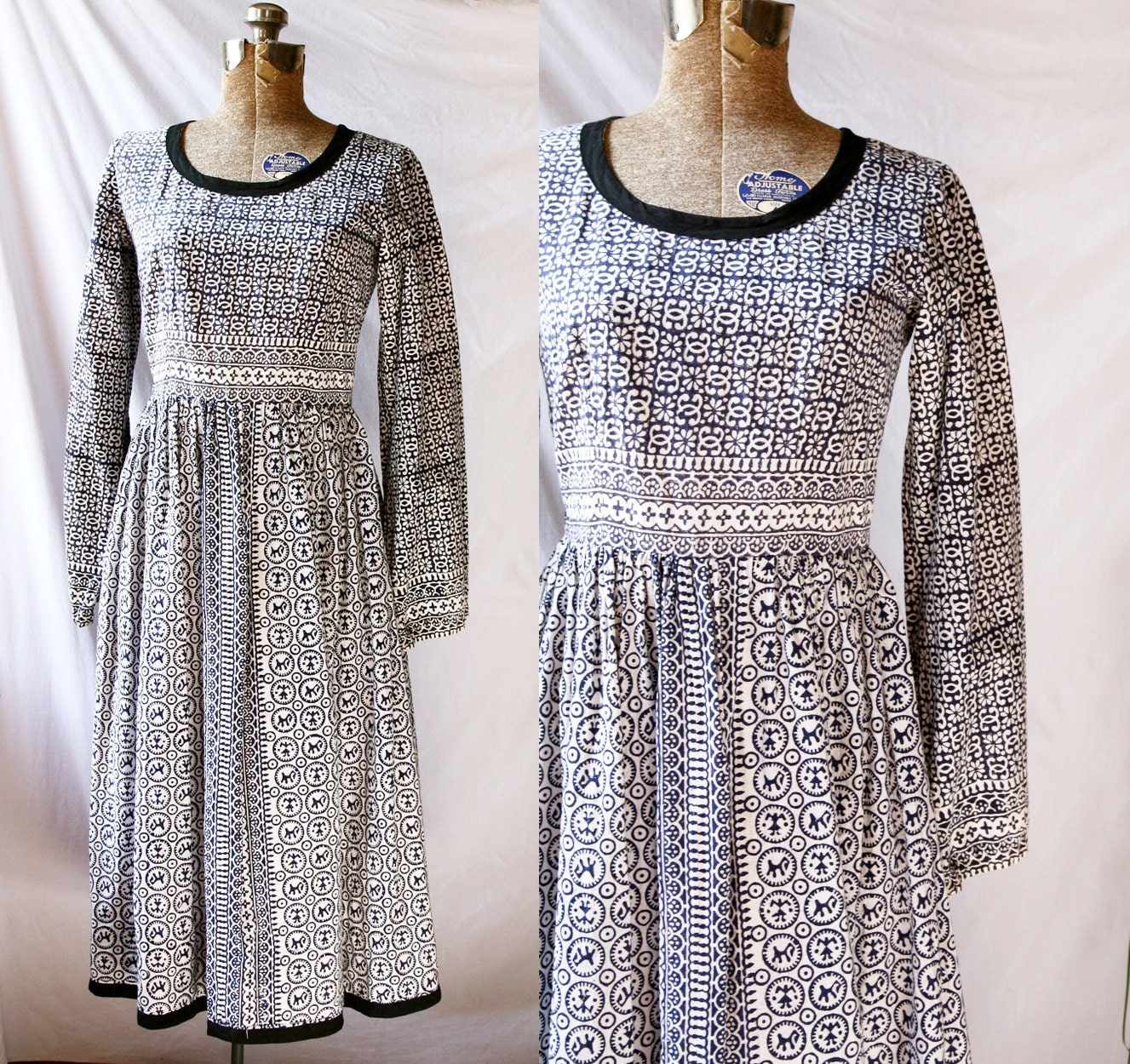 Vintage 60s Dress Blue & White Batik Print Boho Long Sleeve,  Hippie Beauty
