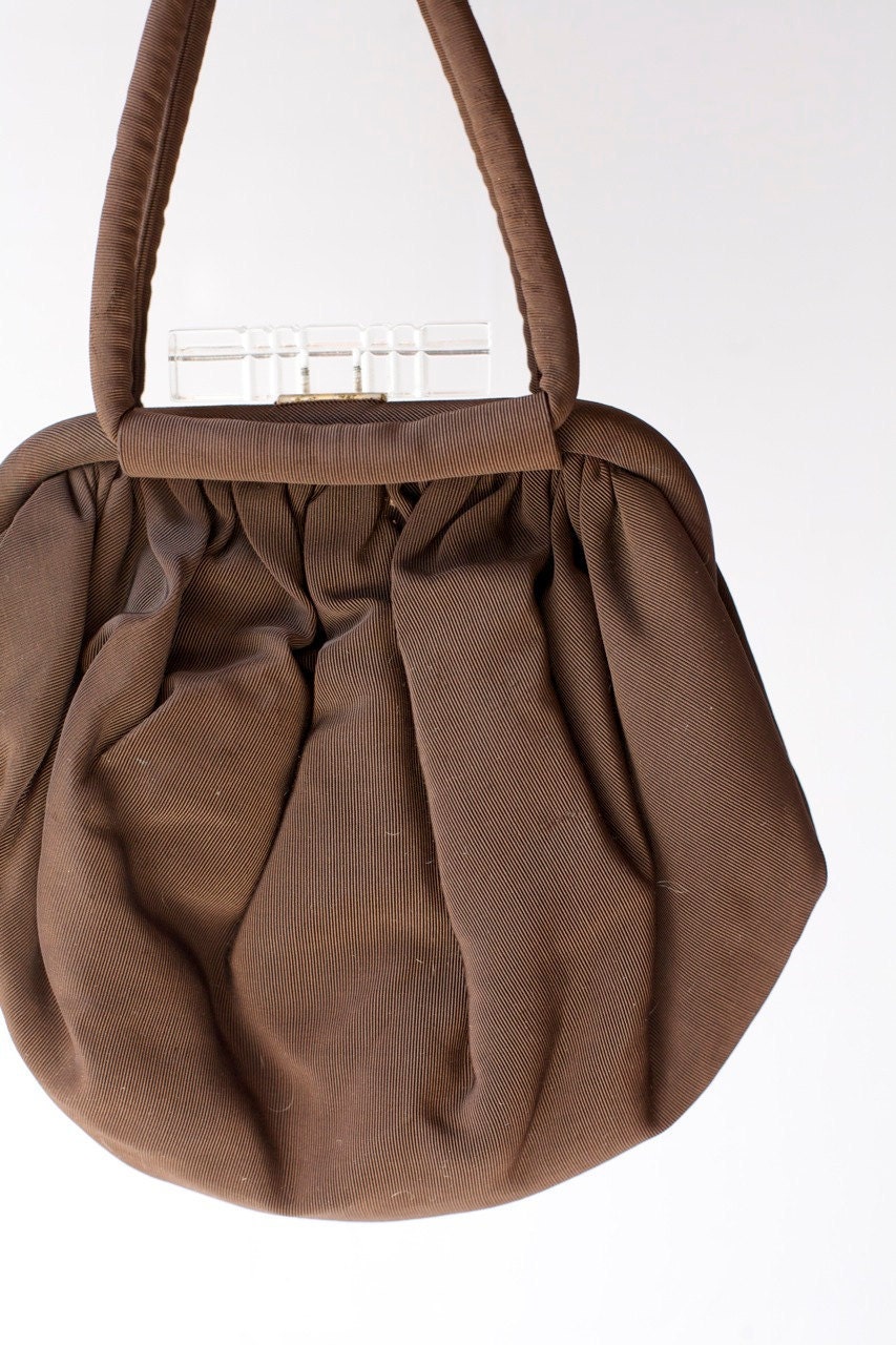 50's Purse Vintage Brown Silk with Lucite Clasp