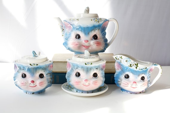 Vintage Tea Set, 1960's Miss Priss Kitty Cat , Sugar Cream Full Service, lefton
