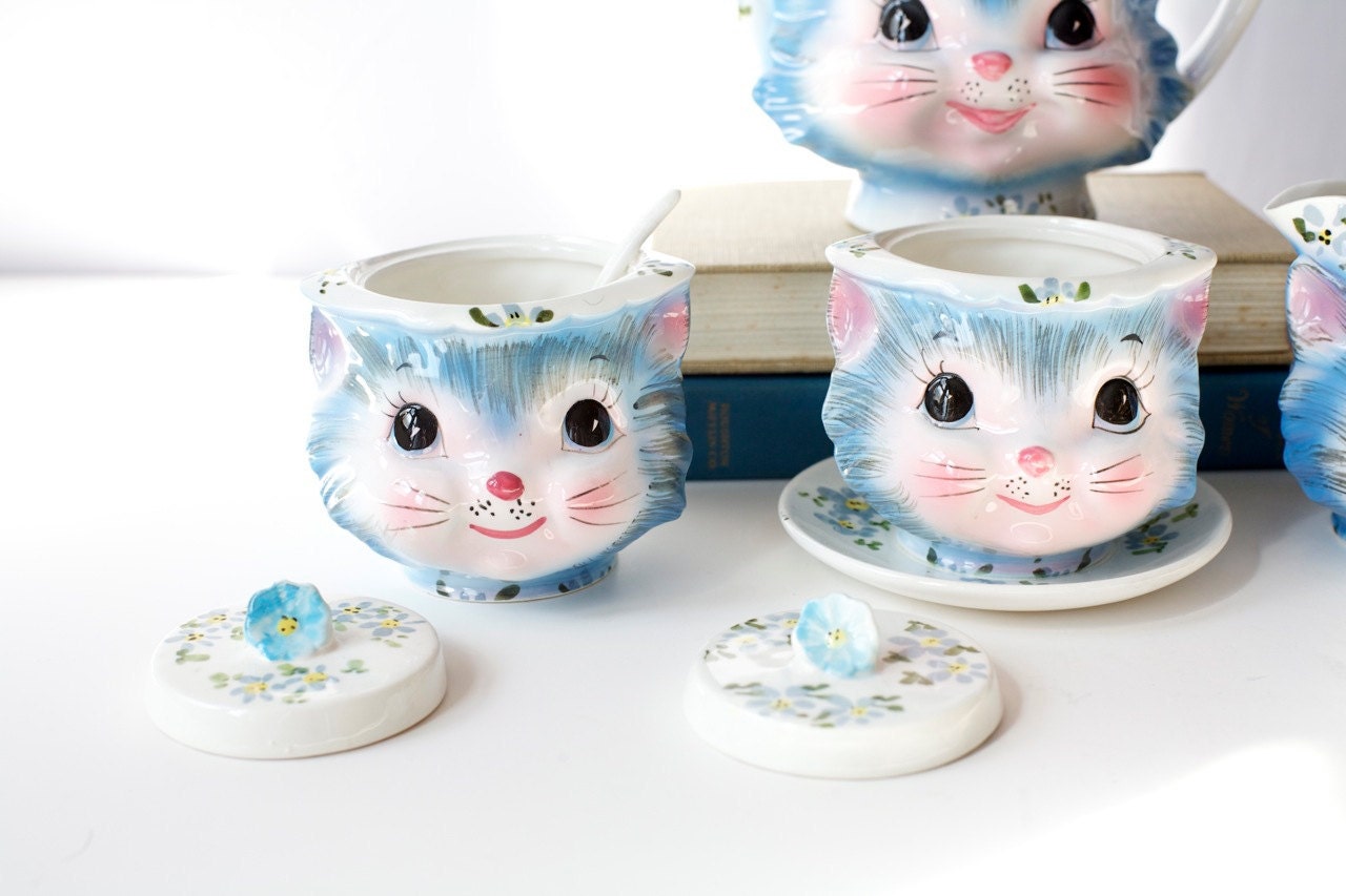 Vintage Tea Set, 1960's Miss Priss Kitty Cat , Sugar Cream Full Service, lefton