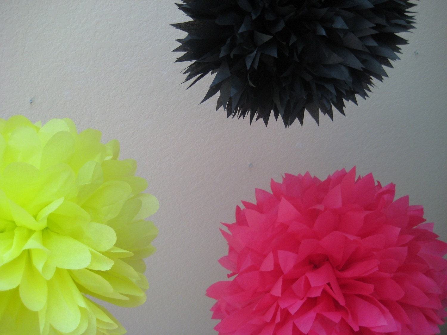 Flashdance - 3 Tissue Paper Pom Poms 80s Retro - Neon Hot Pink and Electric Lime - Dance Floor Decor Prom