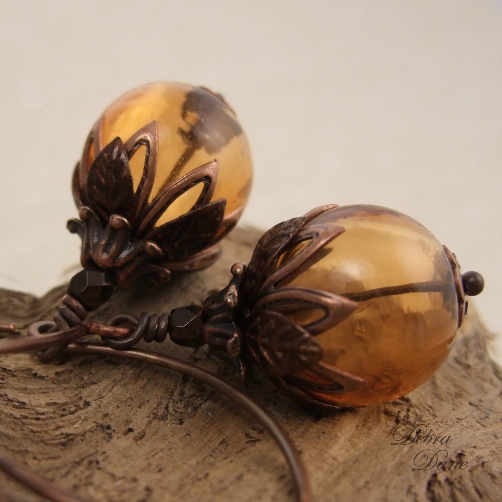 Amber Glass Earrings Blown Glass with Leafy Copper Accents