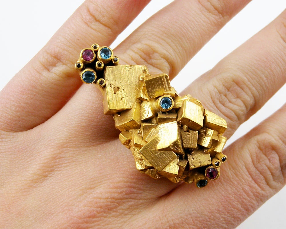 Double Pyrite Ring with Gemstones in Gold