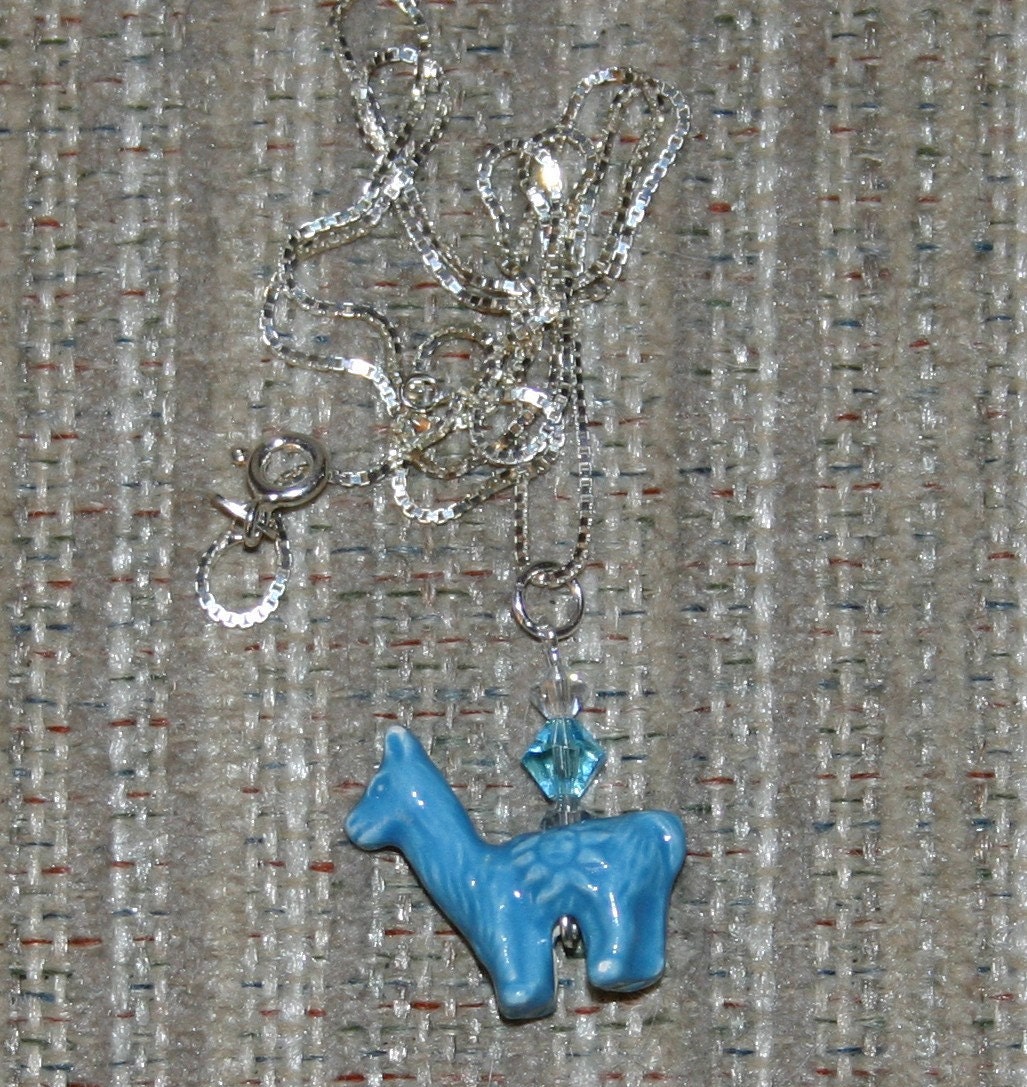 Cute blue llama bead necklace with Swarovski crystal beads