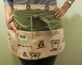 REVERSIBLE Vendor Apron- Owl Collection - 3 Large Padded Pockets - Pink,Kacky Green with Key Fob