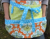 8 Large Pocket - REVERSIBLE Vendor Apron- Amy Butler Fabric- Orange, Blue and lime with Key Fob -(PADDED POCKETS)
