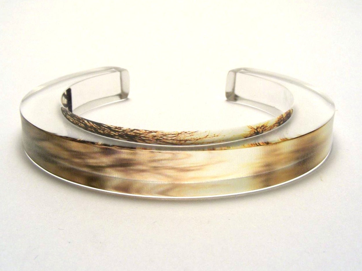 Enchanted Bangle Bracelet Golden Sunset & Silhouette Trees Acrylic Plastic Cuff