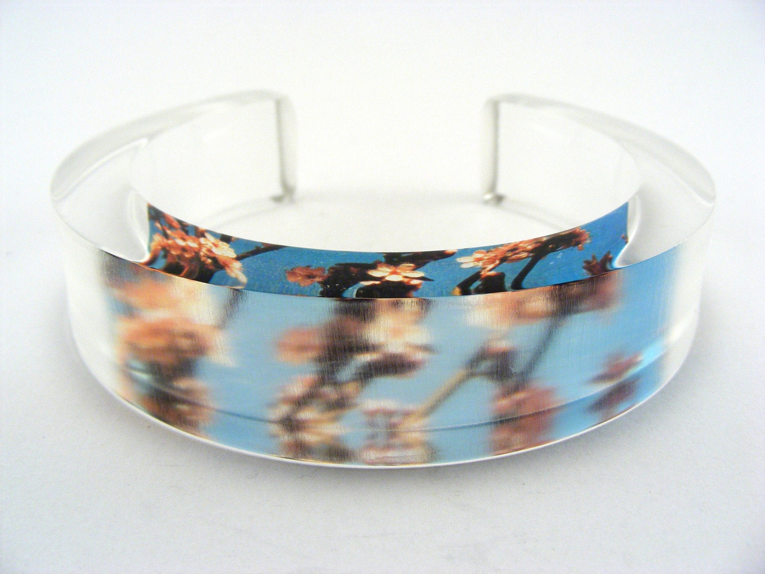Flower Pattern Bangle, Summer Flowers, Cherry Blossom against Blue Sky, XL Large Acrylic Cuff