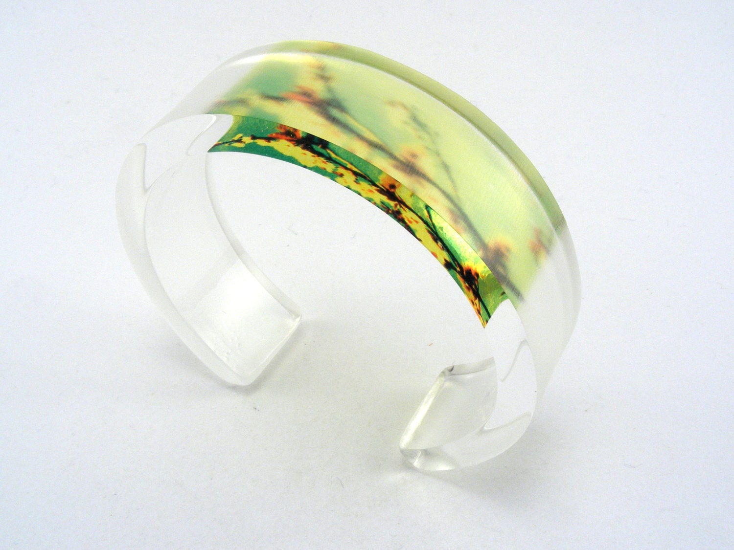 Plexiglass Bangle Summer Blossom Green Yellow, Flower Design,  Handmade Acrylic Jewelry