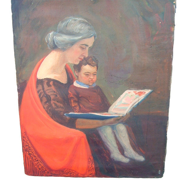 RESERVED 1920s Original Painting On Canvas. Woman Reading To Little Boy
