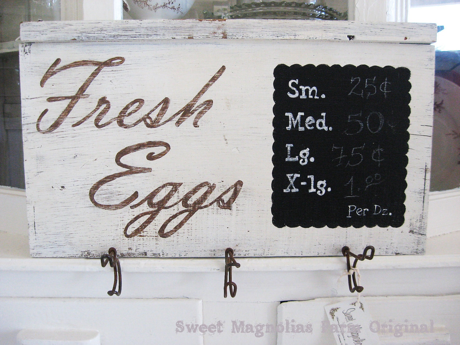 Farmhouse Sign " Fresh Eggs " with Chalkboard and vintage Wire Coat Hooks ..Made from reclaimed lumber