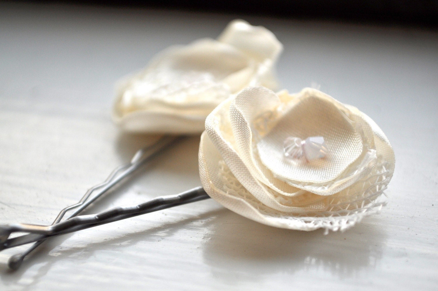 Small Ivory Satin and Lace Hair Pins - made to order