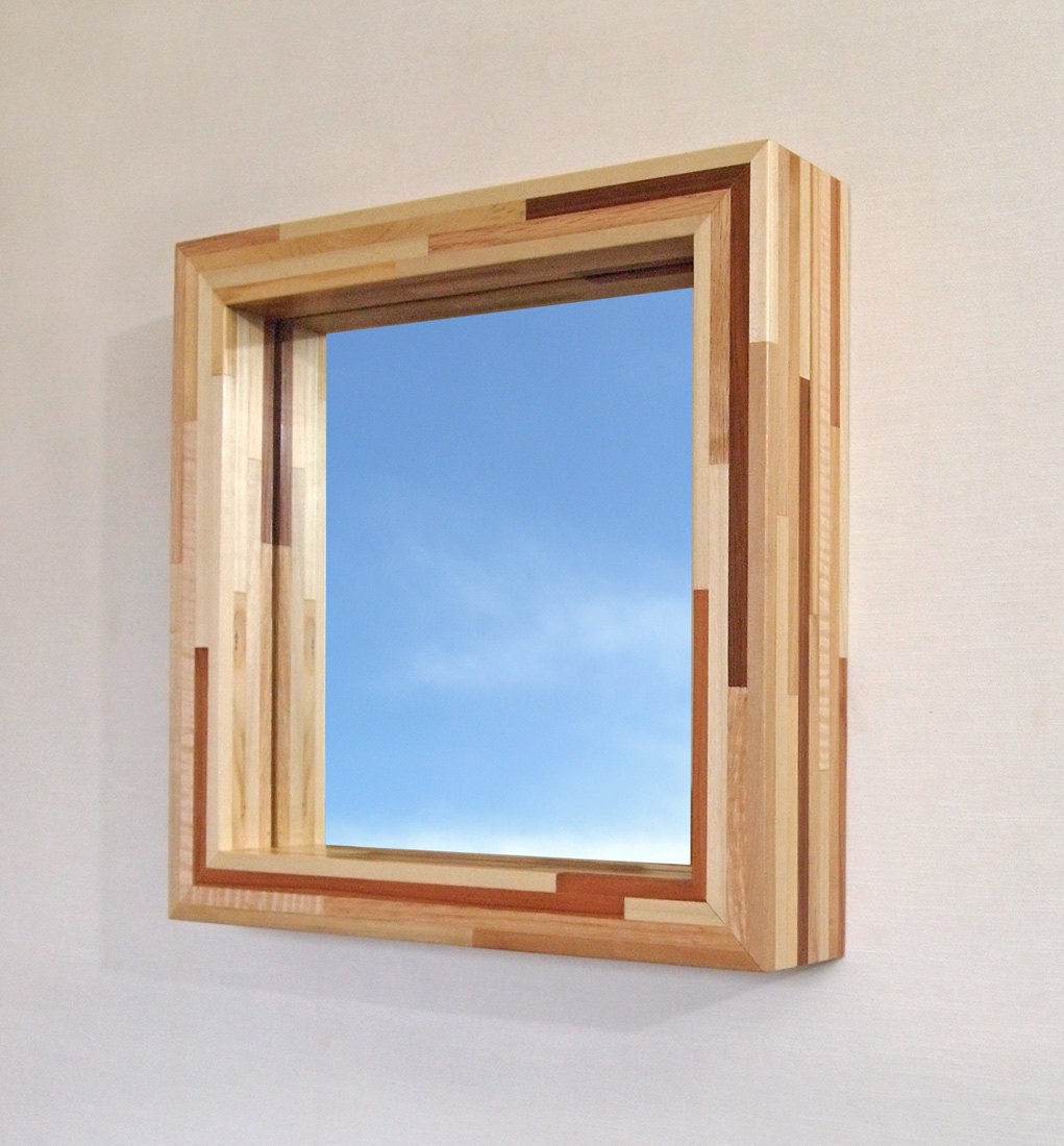 Mirror with Modern Wood Frame, 14 X 14 Woodstrip Light. Hanging or Freestanding.