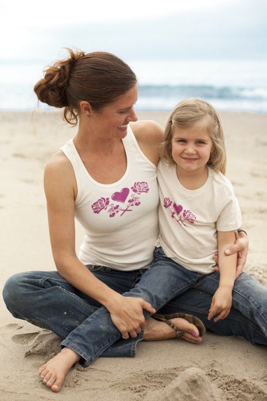 ROSE HEART TATTOO Organic Tank Top (fuschia pink graphic on natural cream organic cotton)