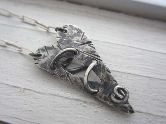 Heart pendant - cute textured stitched pendant oxidized silver