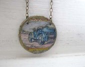 SALE Vintage style pendant - old car plane images - unique round two sided pendant
