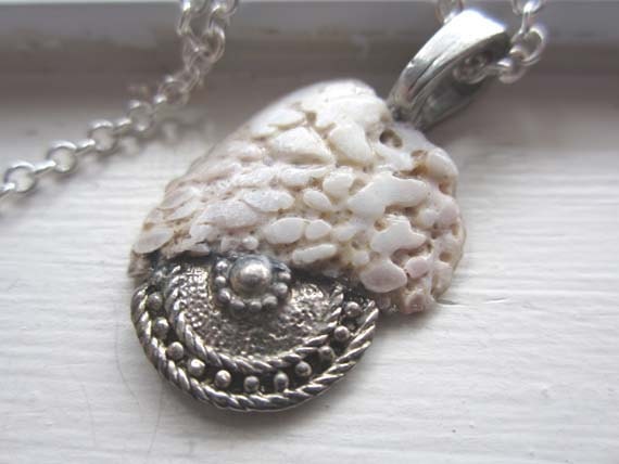 Natural textured pendant - upcycled pewter dome white sea shell - The Vicking no.1