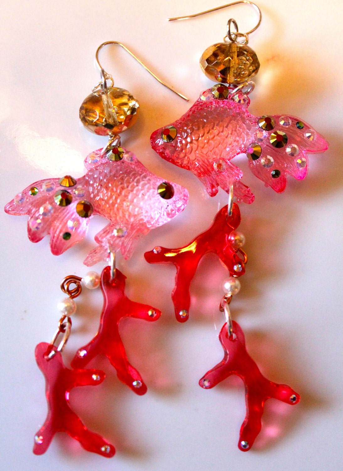 Pinky Coral Koi Sparkles Chandelier Dangle Earrings - Candy Glam Jewelry