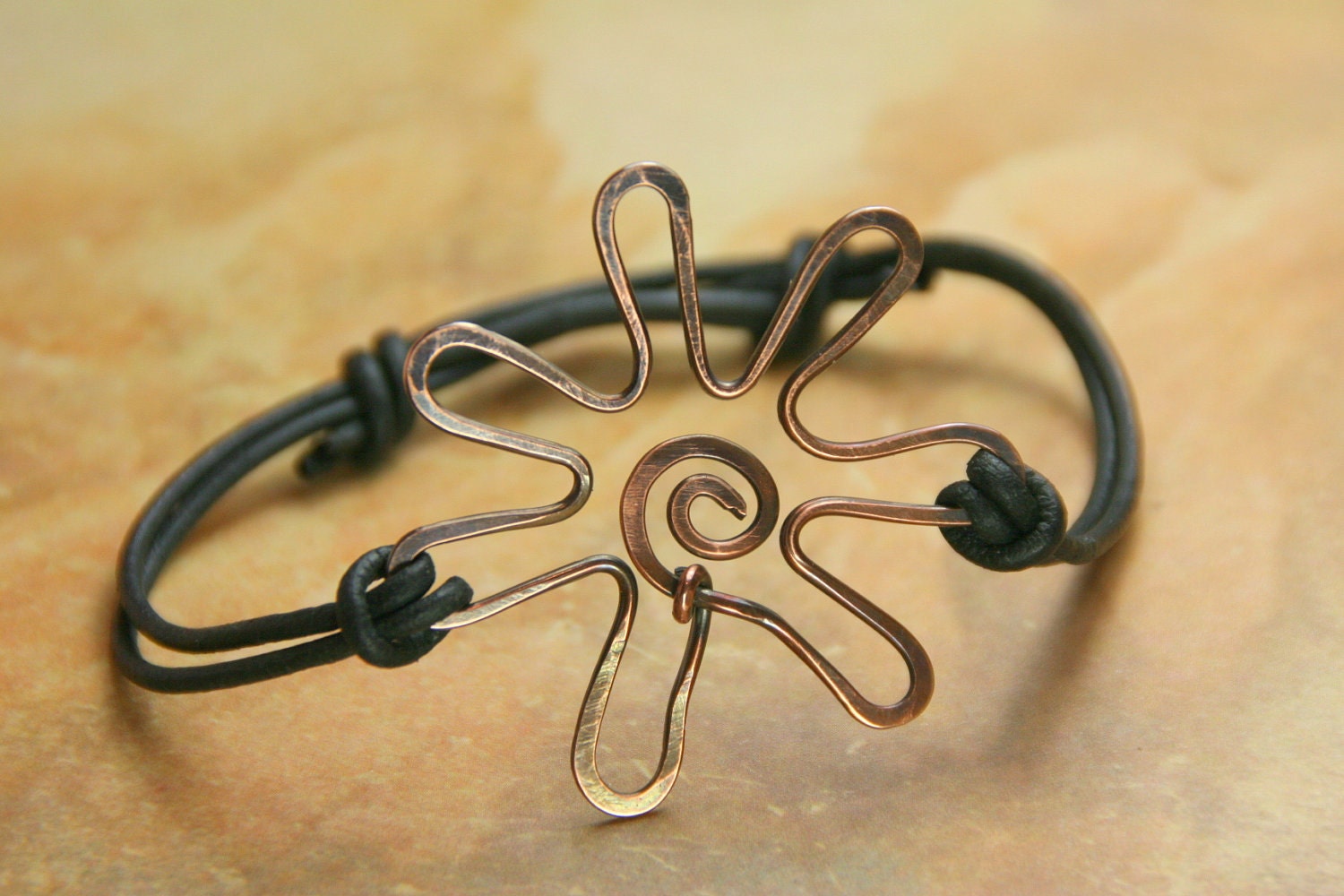 Hippie Chic Copper Flower and Leather Boho Bracelet - Adjustable