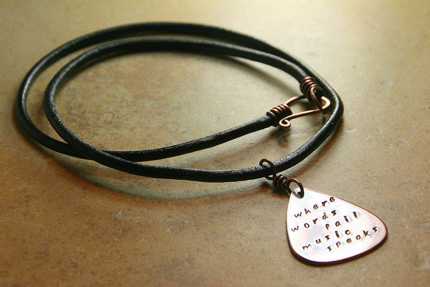 Personalized Copper Guitar Pick and Leather Necklace - Personalized Hand Stamped Message