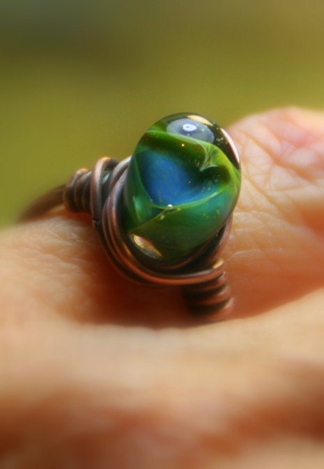 Lampwork Glass Teardrop Copper Wrapped Pinky Ring