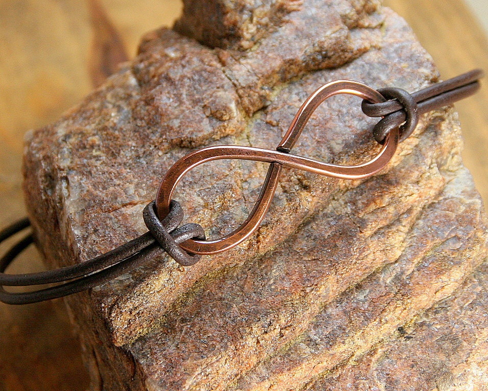 Handcrafted, Hammered Copper and Leather Infinity Bracelet, Adjustable and Unisex