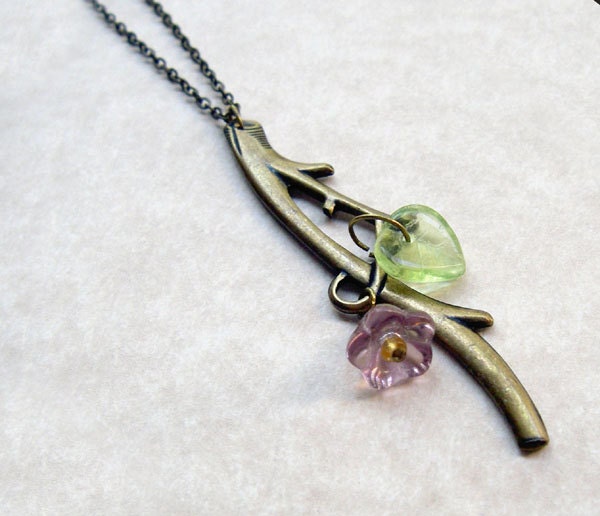 Antiqued Brass Twig Pendant - Purple Flower and Glass Leaf Beads - Beaded Twig Necklace