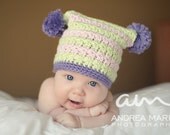 Crochet Pattern PDF - Square Star Stitch Hat with Pompoms, Sizes Preemie to Adult