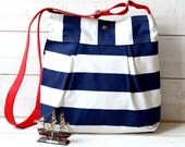 WATER PROOF  Diaper bag / Beach tote Stripes Canvas   Stockholm Navy blue and White- 10 Pockets Blue Pattern  / Made to order