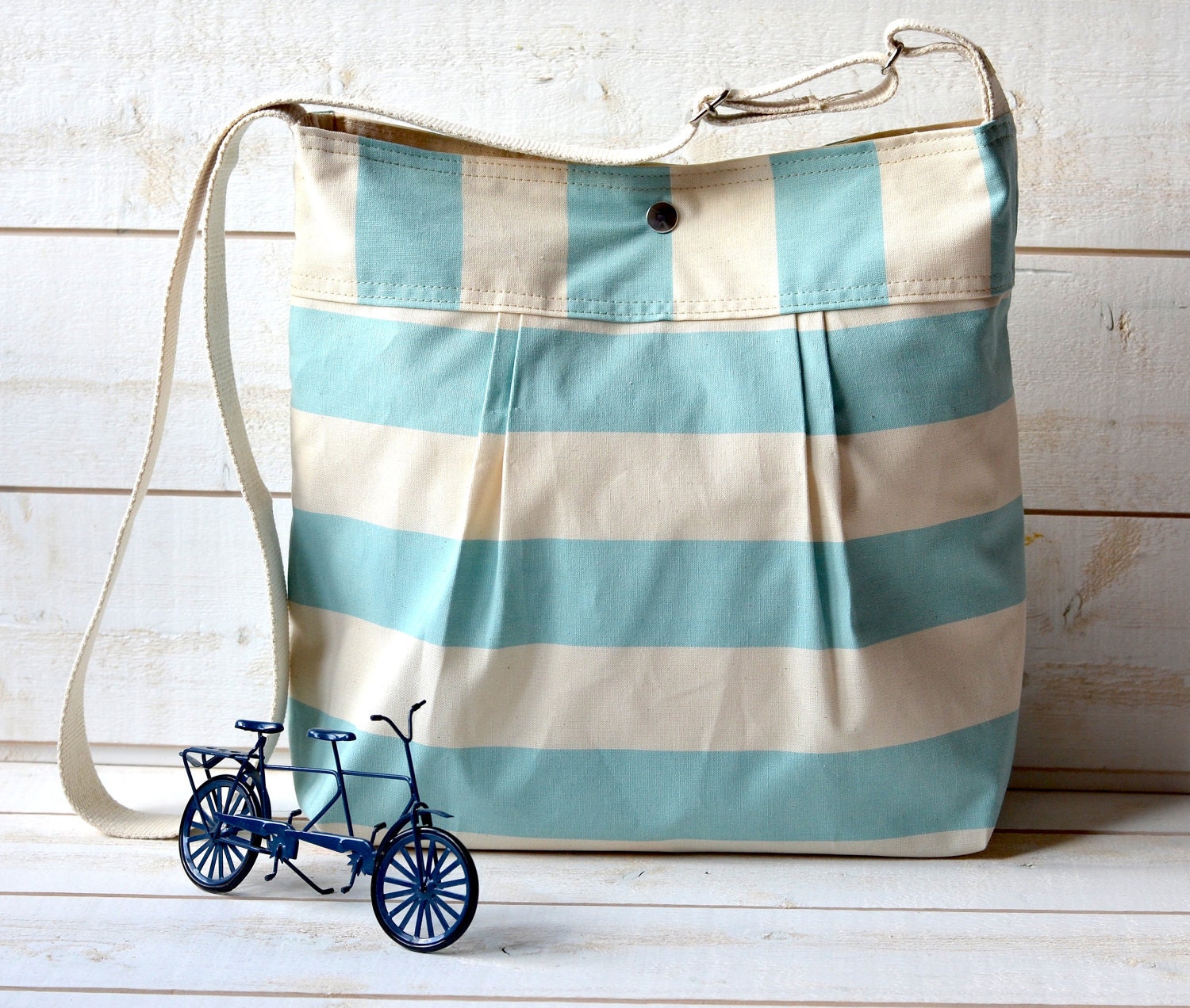 WATER PROOF- Cross body bag / Diaper bag STOCKHOLM Pale Turquoise and Ecru Striped/ Summer bag - ikabags