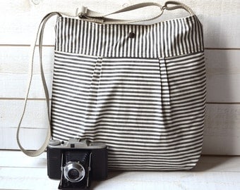 WATER PROOF Diaper bag Black and Ecru French Ticking striped Pleated French Messenger - 12 pockets