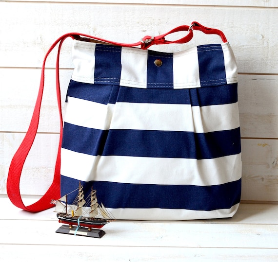WATER PROOF  Diaper bag / Beach tote Stripes Canvas   Stockholm Navy blue and White- 10 Pockets Blue Pattern  / Made to order