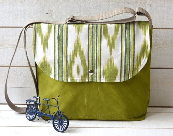 LAST ONE - Ikat Bright  chartreuse green Messenger bag / Cross body bag / Travel bag in apple green/ Ready to ship