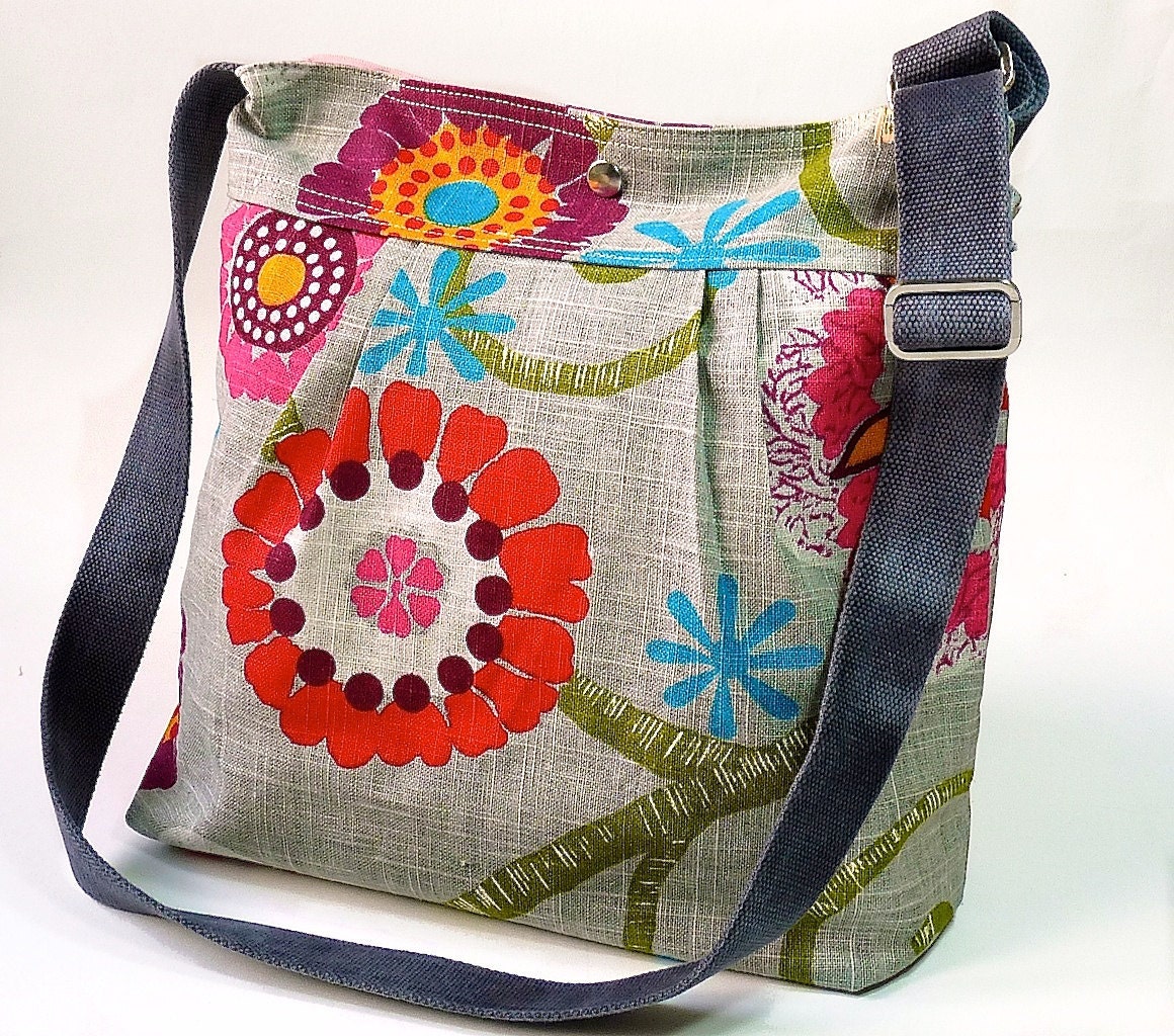 Mimosa Gray Diaper bag - Messenger  spring floral print with garnet red pink turquoise flower - 8 pockets