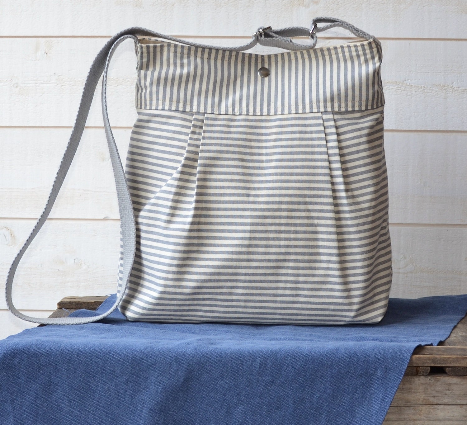 WATER PROOF Diaper bag Gray and Ecru French Ticking stripe bag purse  Pleated French Messenger - 10 Pockets  / Made to order