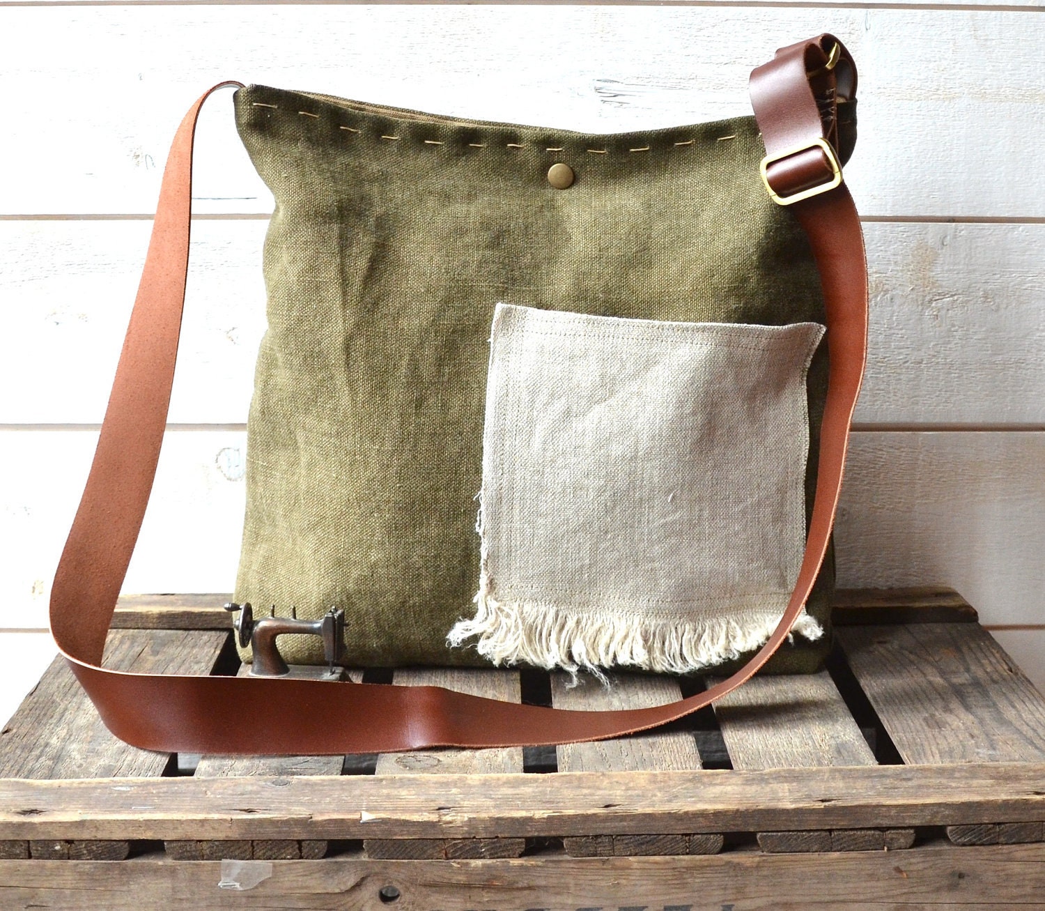 Eco friendly Cross body bag / Messenger bag / Laptop bag tote moss green-MADE TO ORDER