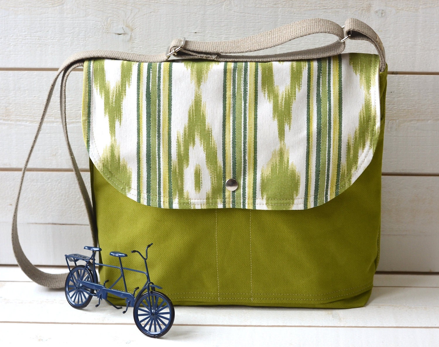 LAST ONE - Ikat Bright  chartreuse green Messenger bag / Cross body bag / Travel bag in apple green/ Ready to ship