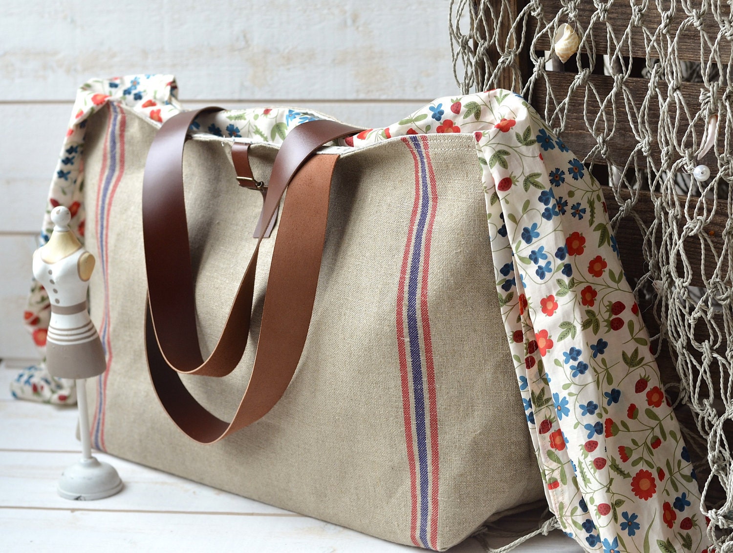 WATER PROOF - Eco friendly French bag with Leather strap / Market tote with LINEN Blue and Red Ticking stripe