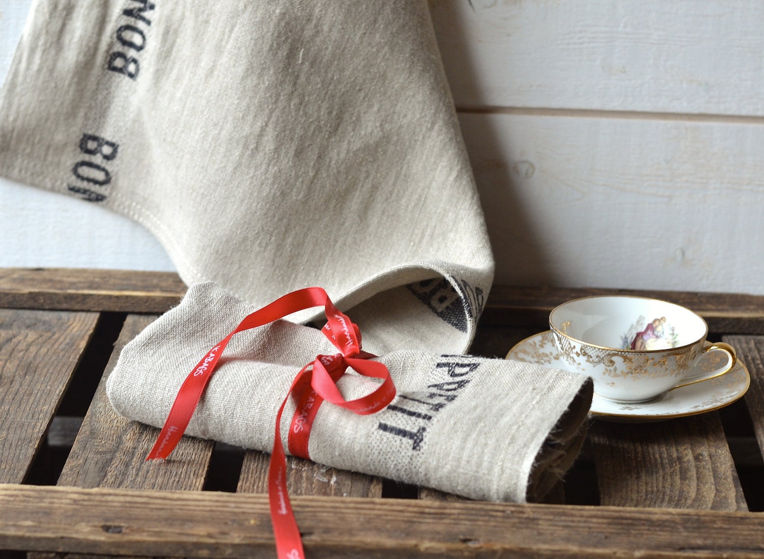 Two NATURAL BON APPETIT Black French country 2 Linen Towel / shabby chic kitchen/ eco friendly gift Natural / sustainable