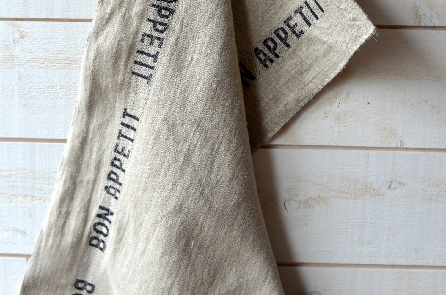 Two NATURAL BON APPETIT Black French country 2 Linen Towel / shabby chic kitchen/ eco friendly gift Natural / sustainable