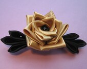 Black Gold Hair Barrette: Kanzashi Satin Rose