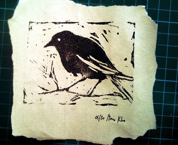 Black bird - original Lino cut print , crow art