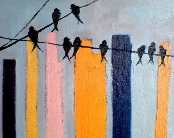 Birds in the city - original oil painting, birds on a wire 16x20" SALE 50% OFF
