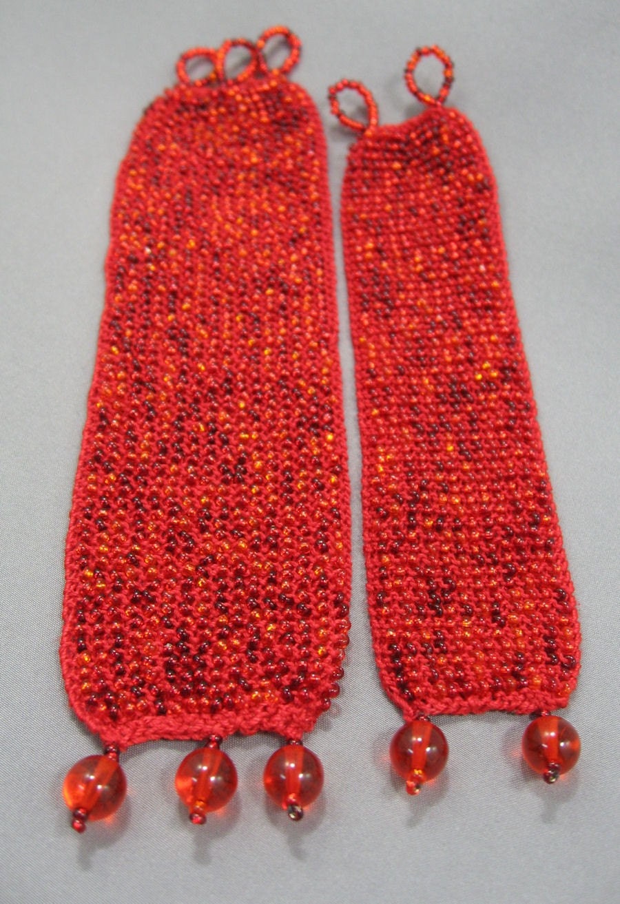 Bead Knit Cuff Bracelets. Mother Daughter Matching Set. Red Fire