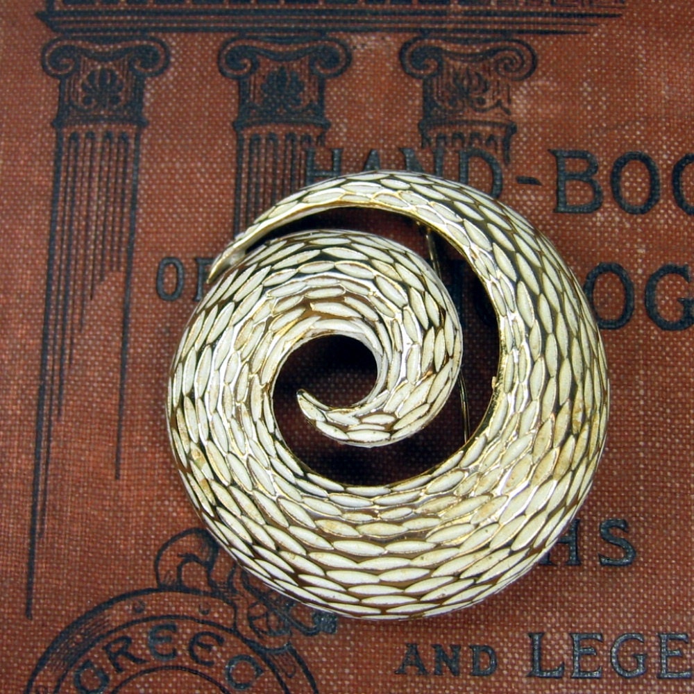 Vintage Brooch White Enamel Swirl signed BSK