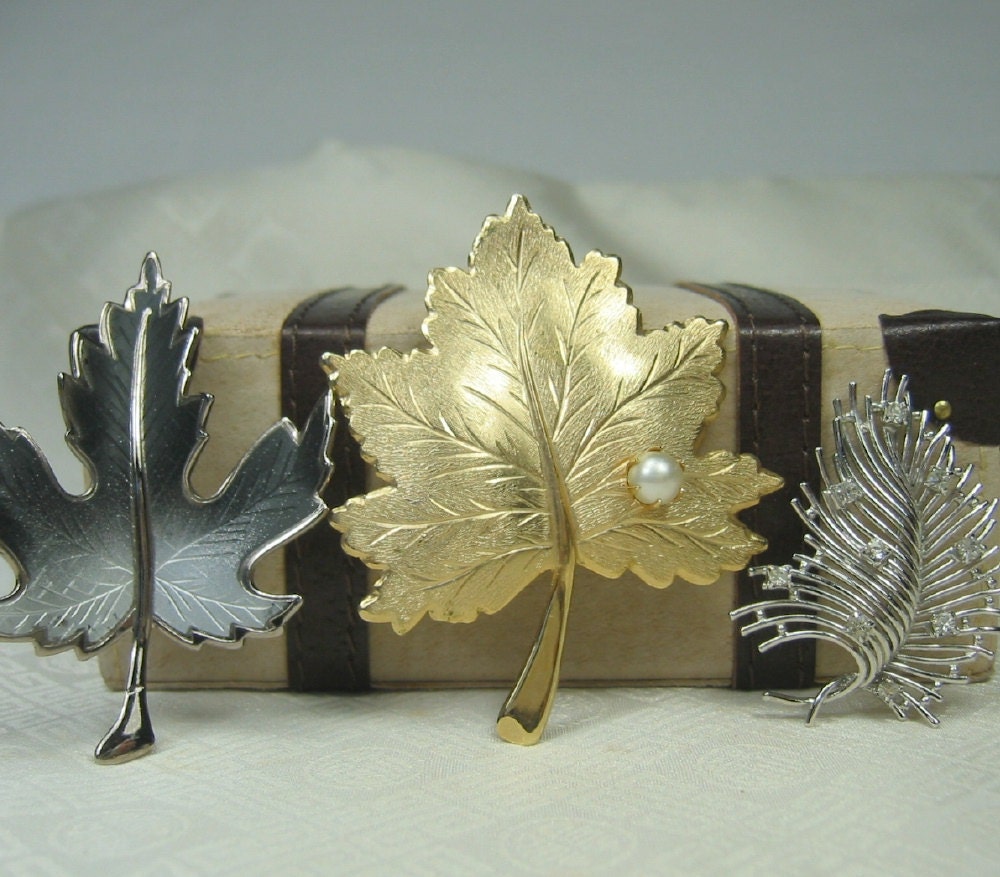3 Vintage Leaf Brooches signed S Coventry and A&Z Sterling