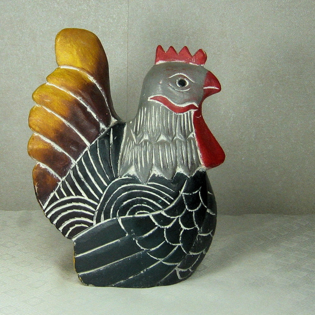 Vintage Folk Art Rooster Handpainted and Handcarved Wood Rustic
