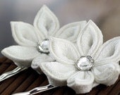 Bobby Pin Flowers: Wedding Hair Accessories in White, Kanzashi Silk and Chirimen - Snow Blossom