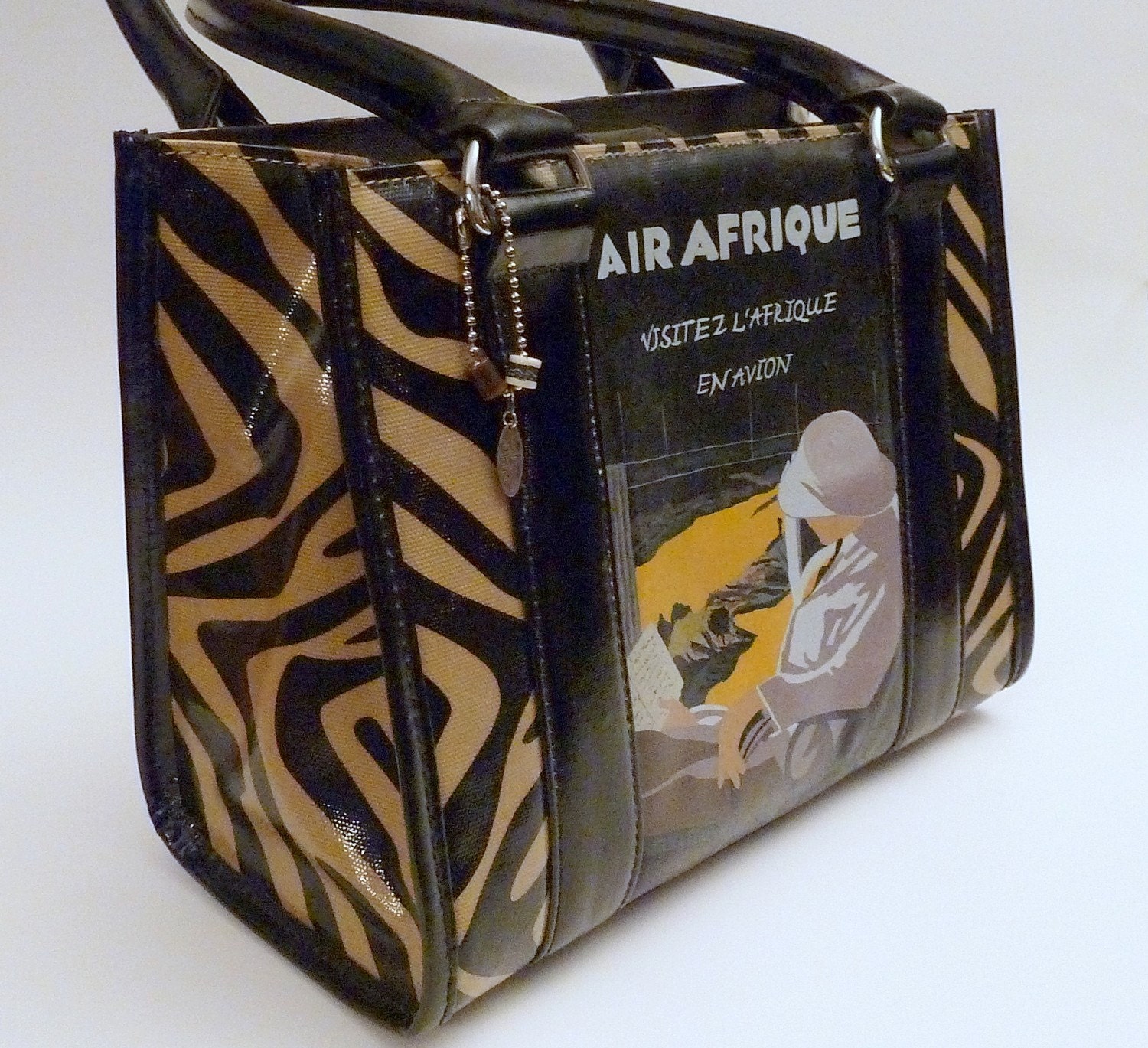 SALE .. Hand Painted Purse - Afrique Travel Poster - Zebra Print Handbag